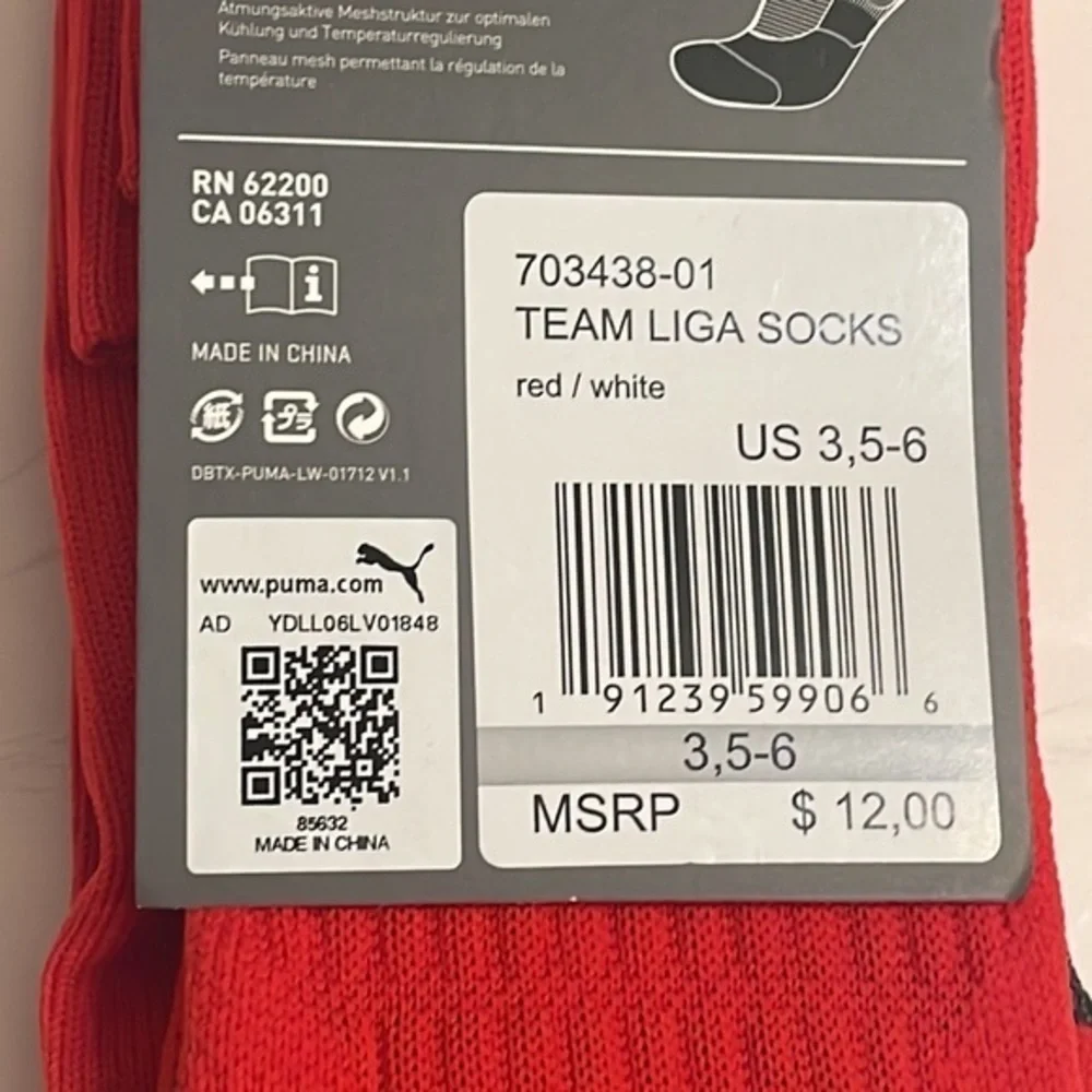 Puma Football Socks Red White Kneehigh Team Liga padded ankle Socks Sz 3 (5-6)